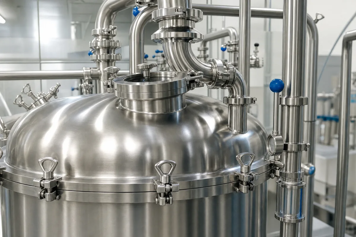 Polierter Edelstahlbehälter mit Rohrleitungen in einer hygienischen Produktionsanlage