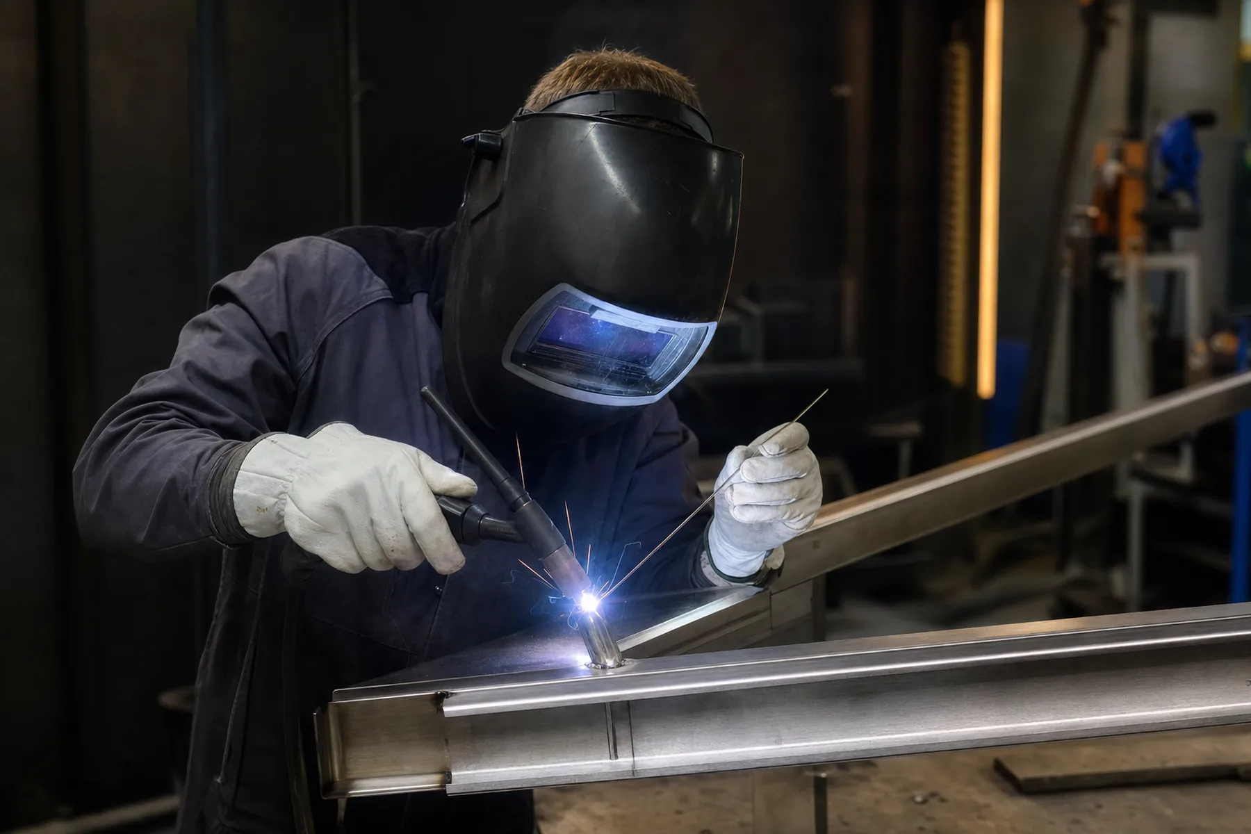 Schweißer beim TIG-Schweißen einer Edelstahlkonstruktion in der Werkstatt